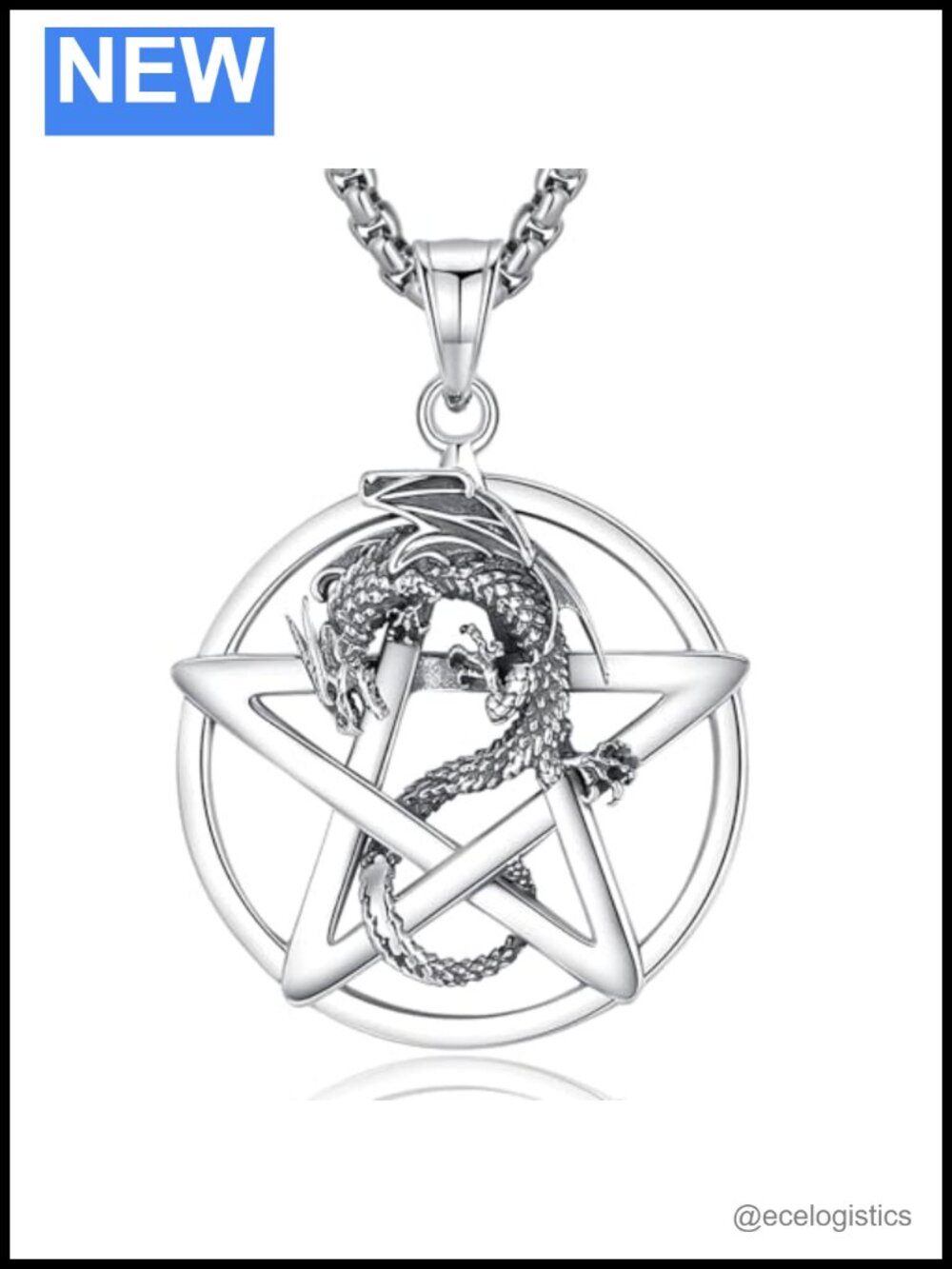 Sterling Silver Pentagram Dragon Pendant Necklace Oxidized 22in Box Chain